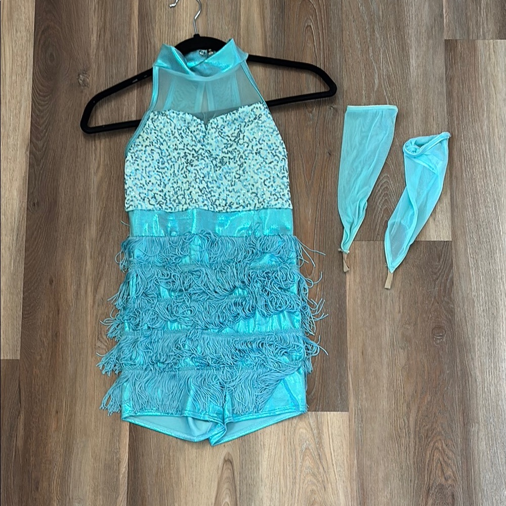 Weissman Aqua Sequin Fringe Dance Costume